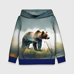 Толстовка-худи детская Минималистичный пейзаж с медведем акварель, цвет: 3D-синий