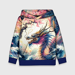 Толстовка-худи детская Japanese dragon and sakura - engraving, цвет: 3D-синий