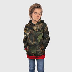Толстовка-худи детская Реалистичный охотничий камуфляж из ткани и листьев, цвет: 3D-красный — фото 2