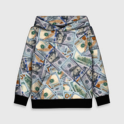 Толстовка-худи детская Банкноты сто долларов, цвет: 3D-черный