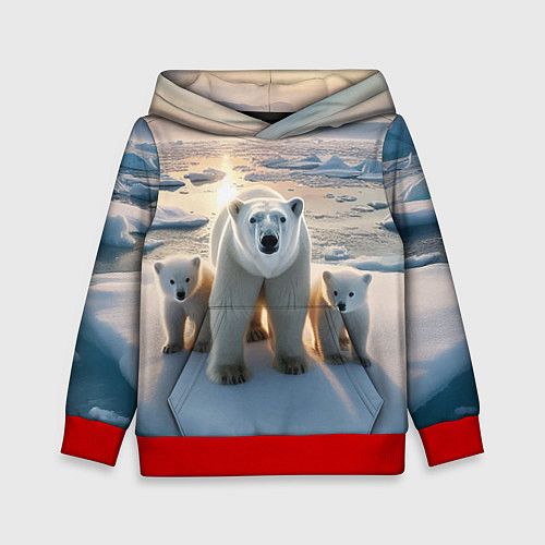 Детская толстовка Polar bear with her cubs - ai art / 3D-Красный – фото 1