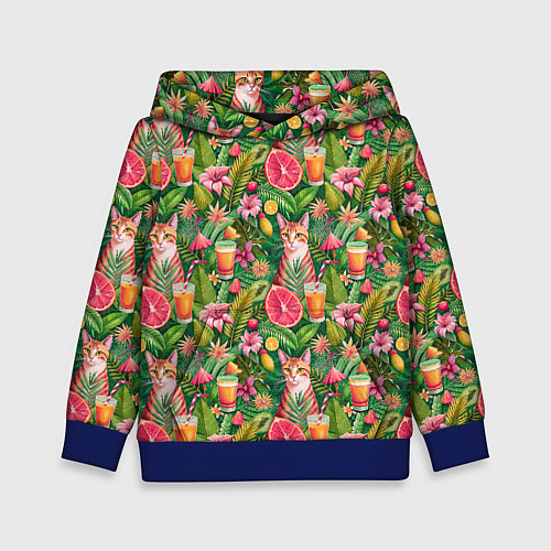 Детская толстовка Летний котик с коктейлем в тропических цветах / 3D-Синий – фото 1