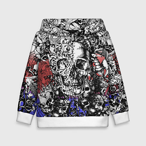 Детская толстовка Череп и скелеты на фоне флага России / 3D-Белый – фото 1