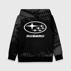 Детская толстовка Subaru speed на темном фоне со следами шин