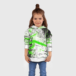 Толстовка-худи детская Бело-зелёная абстракция на чёрном фоне, цвет: 3D-белый — фото 2