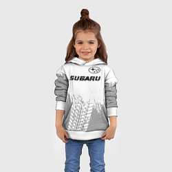 Толстовка-худи детская Subaru speed на светлом фоне со следами шин посере, цвет: 3D-белый — фото 2