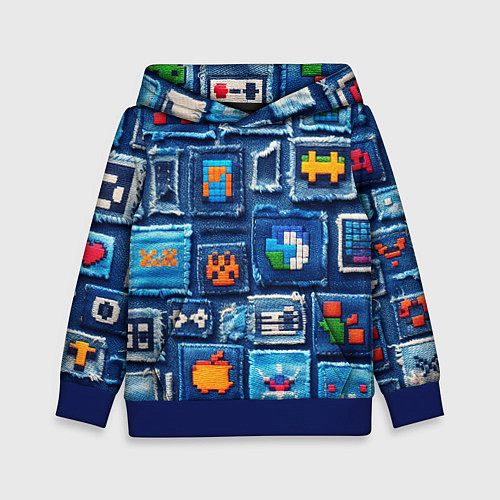 Детская толстовка Пиксельные символы на пэчворк / 3D-Синий – фото 1