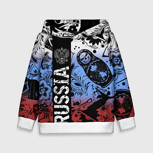 Детская толстовка Герб России на фоне матрёшек балалайки и славянски / 3D-Белый – фото 1