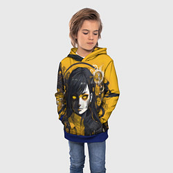 Толстовка-худи детская Девушка в стиле аниме в куртке на жёлтом фоне, цвет: 3D-синий — фото 2