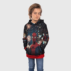 Толстовка-худи детская Человек-паук и новогодний салют, цвет: 3D-красный — фото 2