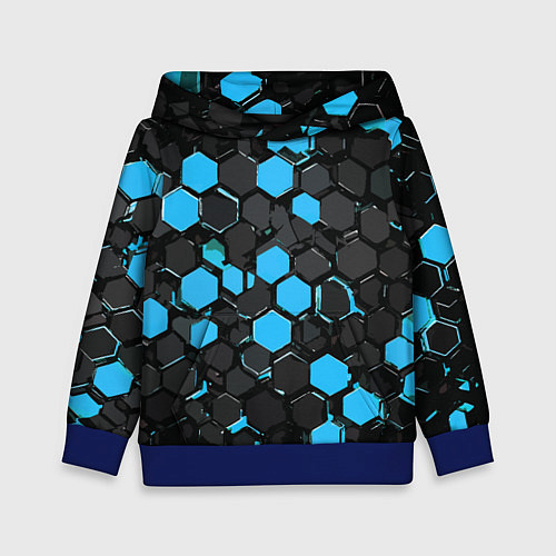 Детская толстовка Сине-серые шестиугольники на чёрном фоне / 3D-Синий – фото 1