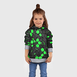 Толстовка-худи детская Зелёно-серые шестиугольники на чёрном фоне, цвет: 3D-меланж — фото 2