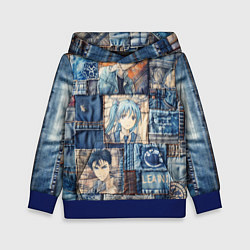 Толстовка-худи детская Аниме деним-пэчворк, цвет: 3D-синий