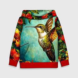 Толстовка-худи детская Колибри в природе, цвет: 3D-красный