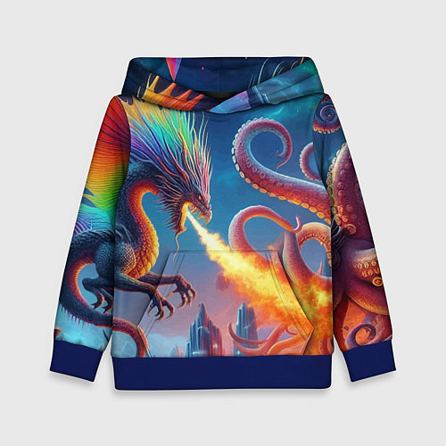 Детская толстовка Огнедышащий дракон против осьминога - нейроарт фан / 3D-Синий – фото 1