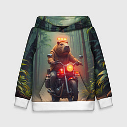 Толстовка-худи детская Байкер капибара в джунглях, цвет: 3D-белый