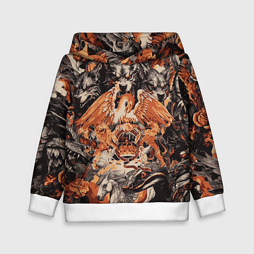 Детская толстовка Логотип Queen на фоне мифических животных / 3D-Белый – фото 1