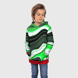 Толстовка-худи детская Волнистые горизонтальные чёрно-зелёные полосы на б, цвет: 3D-красный — фото 2