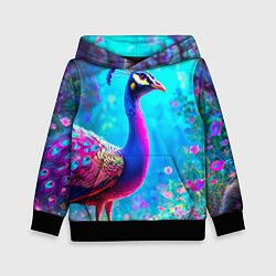 Толстовка-худи детская Яркий павлин, цвет: 3D-черный