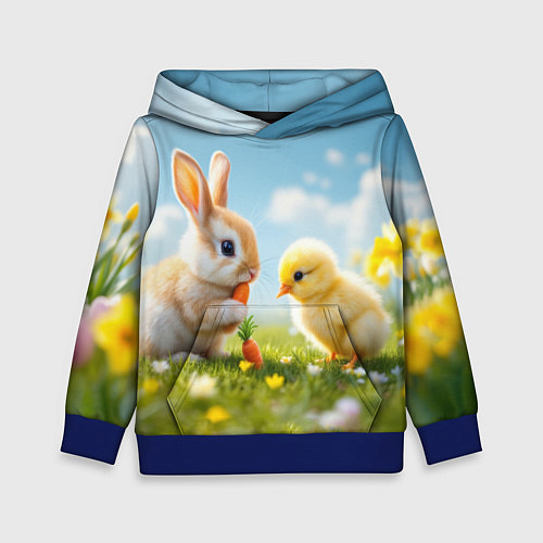 Детская толстовка Кролик и цыпленок встречают Пасху / 3D-Синий – фото 1