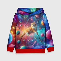 Толстовка-худи детская Рыжий космический котёнок - неоновое свечение, цвет: 3D-красный