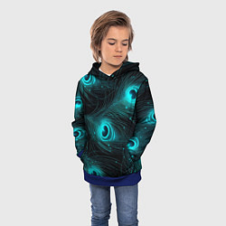 Толстовка-худи детская Светящиеся перья павлина паттерн, цвет: 3D-синий — фото 2