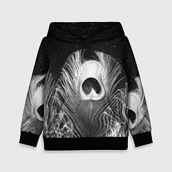 Толстовка-худи детская Изогнутые белые перья павлина - чб иллюстрация, цвет: 3D-черный