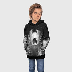 Толстовка-худи детская Изогнутые белые перья павлина - чб иллюстрация, цвет: 3D-черный — фото 2