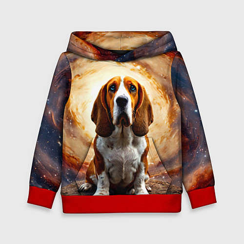Детская толстовка Бассет-хаунд в космосе / 3D-Красный – фото 1