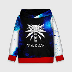 Толстовка-худи детская Ведьмак лого синие краски, цвет: 3D-красный