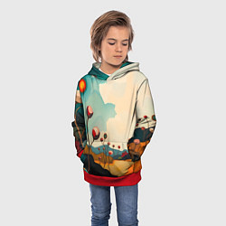 Толстовка-худи детская Сюрреалистичный пейзаж с цветами, цвет: 3D-красный — фото 2
