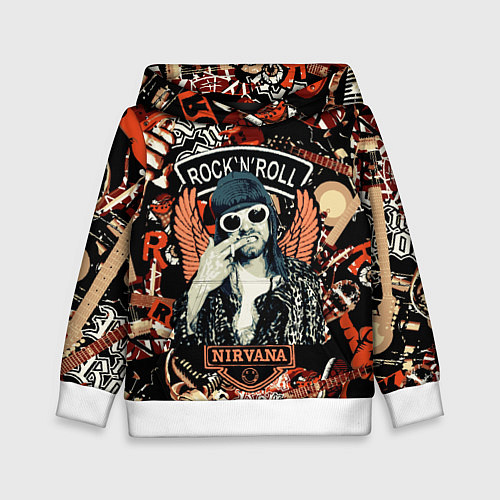 Детская толстовка Nirvana Kurt Cobain на фоне гитар / 3D-Белый – фото 1