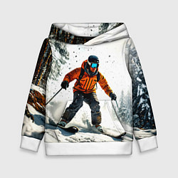 Толстовка-худи детская Лыжник зимой в лесу, цвет: 3D-белый