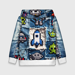 Толстовка-худи детская Космический пиксельный корабль, цвет: 3D-белый