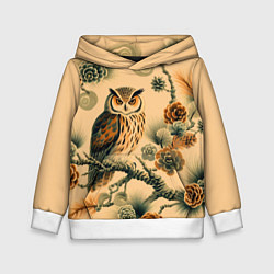Толстовка-худи детская Сова на ветке сосны, цвет: 3D-белый