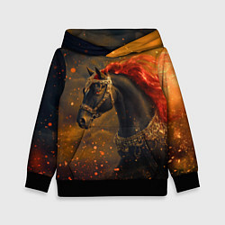 Толстовка-худи детская Черная лошадь с красной гривой - огненные частицы, цвет: 3D-черный