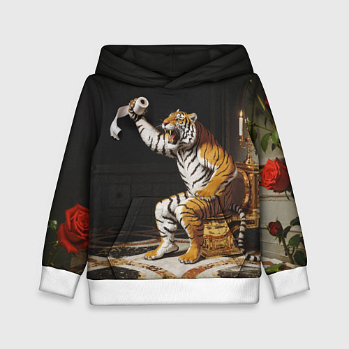 Детская толстовка Тигр сидит на золотом унитазе сердится / 3D-Белый – фото 1
