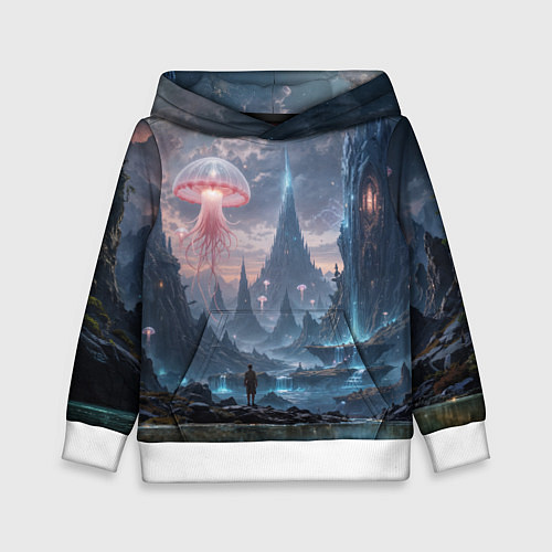 Детская толстовка Фантастический мир с медузами и озеро у гор / 3D-Белый – фото 1