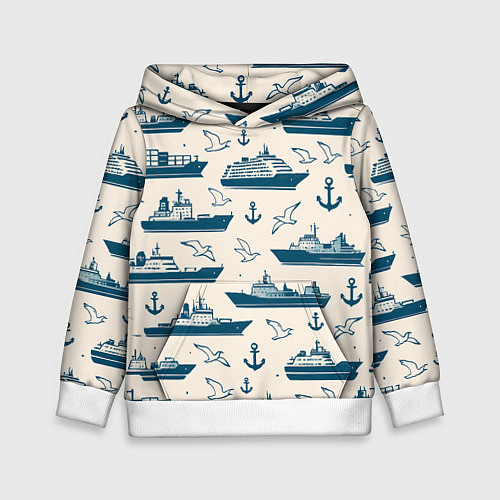 Детская толстовка Морской паттерн из чаек, якорей и кораблей / 3D-Белый – фото 1