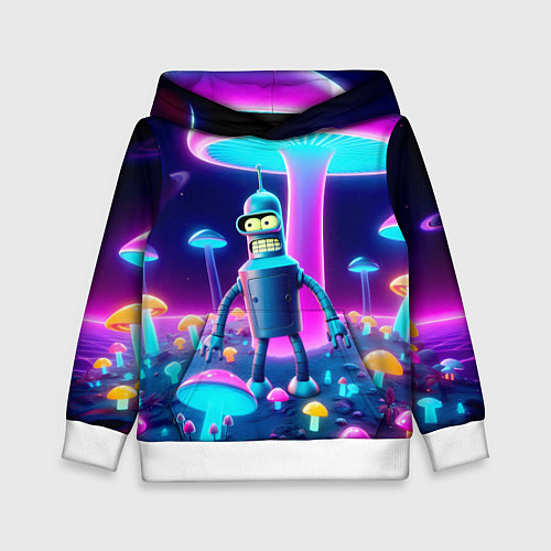 Детская толстовка Робот-сгибальщик Бендер на поляне неоновых грибов / 3D-Белый – фото 1