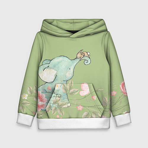 Детская толстовка Слоненок с зайчиком в цветах на зеленом / 3D-Белый – фото 1