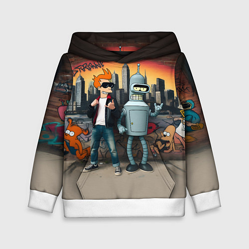 Детская толстовка Фрай и Бендер на фоне стены с граффити / 3D-Белый – фото 1