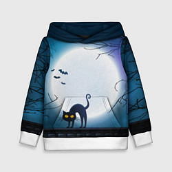 Толстовка-худи детская Полнолуние и черный кот - жуткий Хэллоуин, цвет: 3D-белый