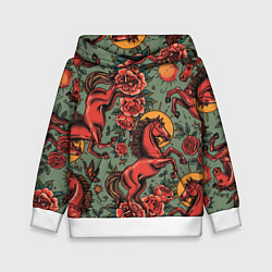 Толстовка-худи детская Красный конь и розы, цвет: 3D-белый