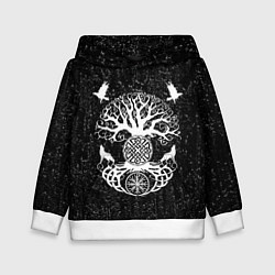 Толстовка-худи детская Волки и вороны Одина и древо мира, цвет: 3D-белый