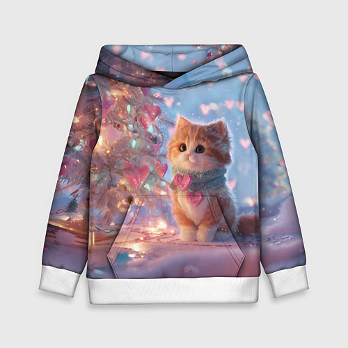 Детская толстовка Маленький котенок у сияющей елочки / 3D-Белый – фото 1