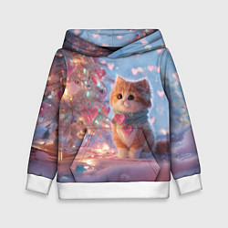 Детская толстовка Маленький котенок у сияющей елочки