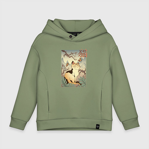Детское худи оверсайз Кот в японском стиле / Авокадо – фото 1