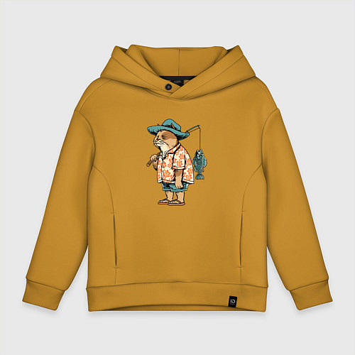 Детское худи оверсайз Кот рыбак / Горчичный – фото 1