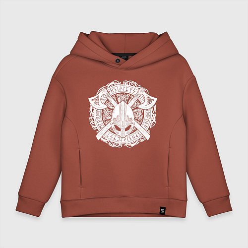 Детское худи оверсайз Руны, топоры и шлем / Кирпичный – фото 1
